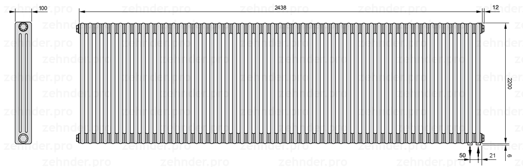 Схема (чертеж) Радиатор Zehnder Charleston 3220/53 №5510 Белый глянцевый RAL 9016